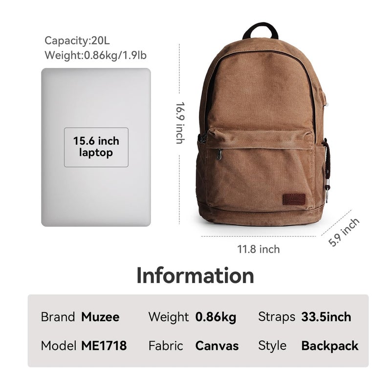 Muzee Muzze Canvas Backpack for Women and Men, Lightweight Classic Laptop Backpack with USB Charging Port for School, Travel and Daily Use, Khaki - Image 2